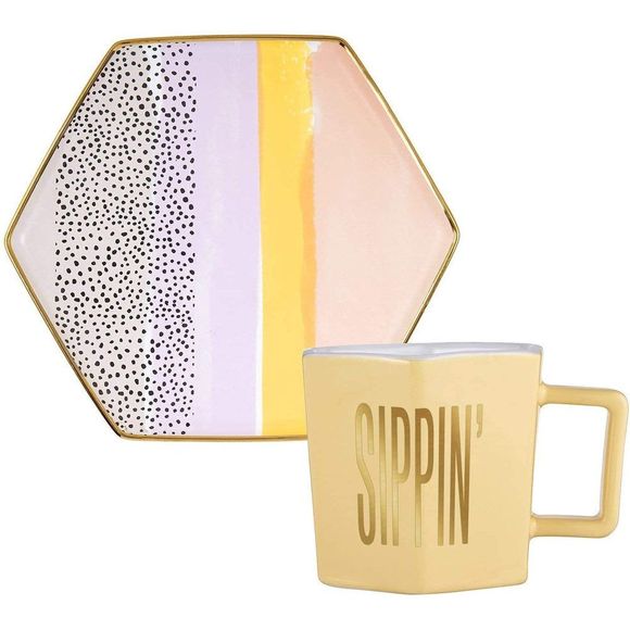 NWT Sippin' Hexagon Mug and Saucer Set in Peach, Black Dot, and Honey - Picture 2 of 6